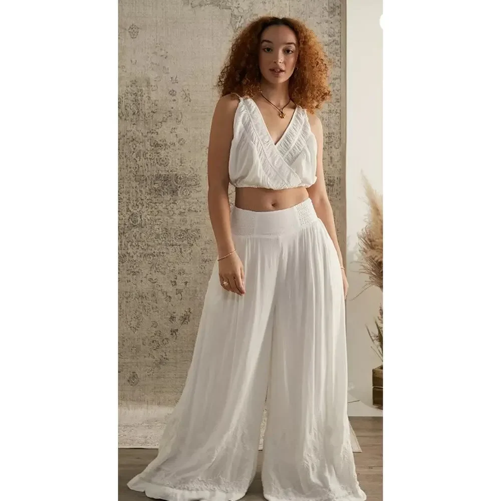 Free People Womens Ivory Angie's Cami & Wide Leg Embroidered Pants Set Sz Med